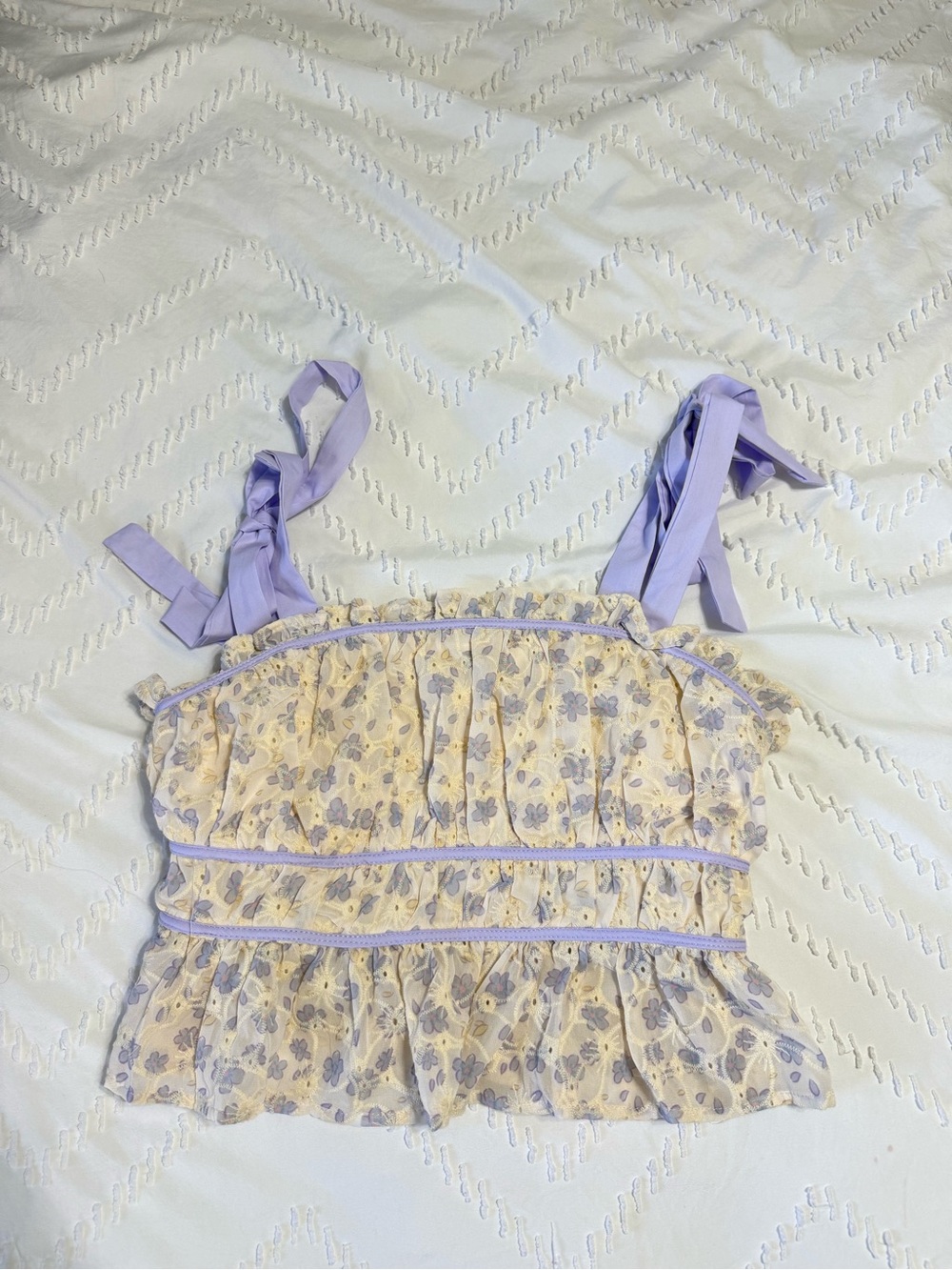 Altar'd State Lavender Floral Smocked Tie-Strap Ruffle Cami